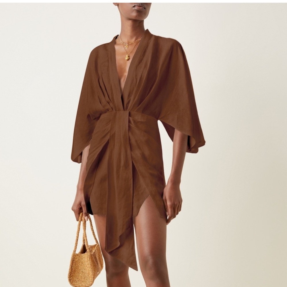 Significant Other Brown Lola Linen-Blend Mini Wrap Dress - Size 8US